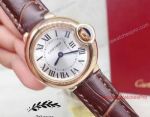 Fake Cartier Ballon Bleu De Cartier Gold Silver Dial Brown Leather Band 28mm Watch